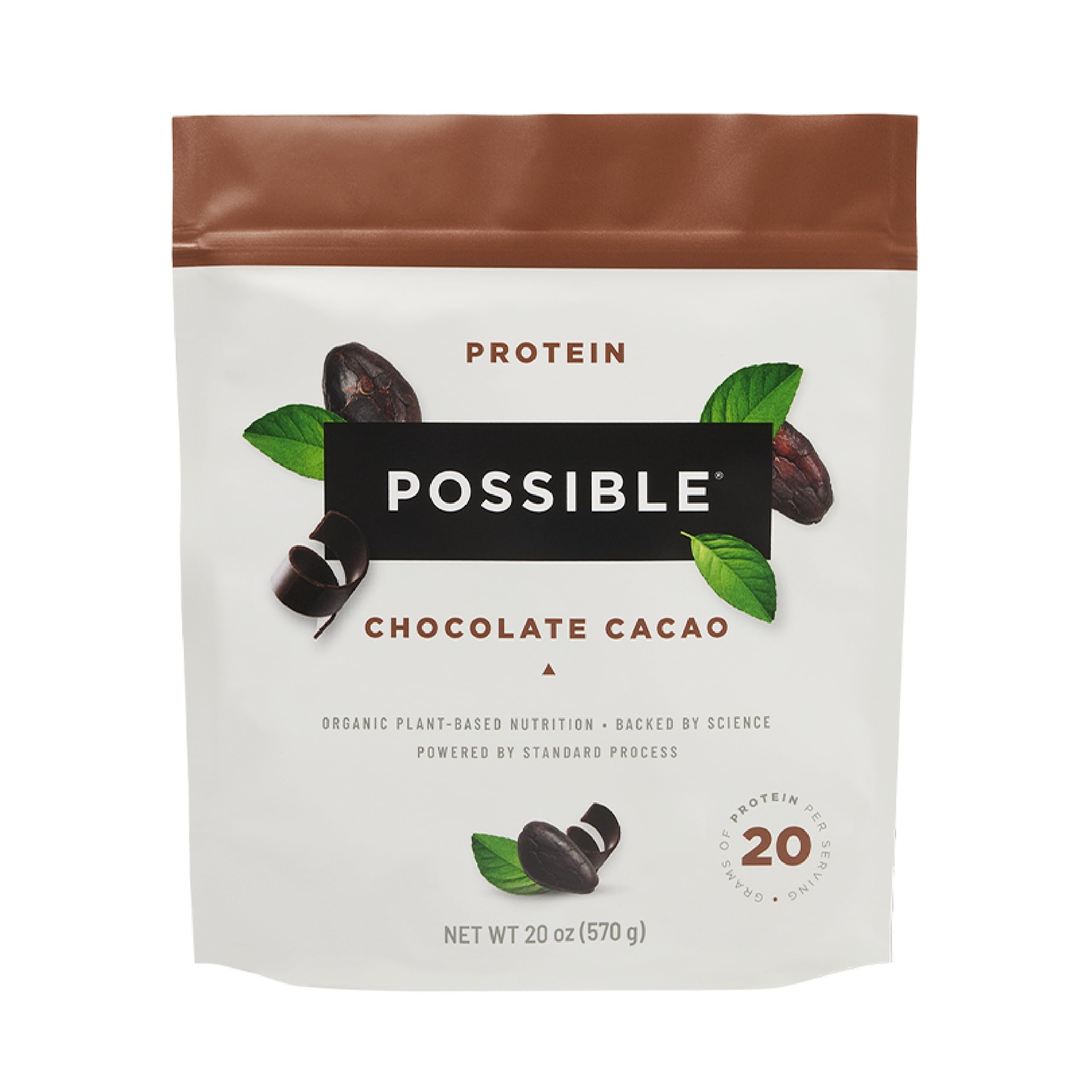 Possible protein powder chocolate cacao bag highlighting 20g vegan protein per serving for energy