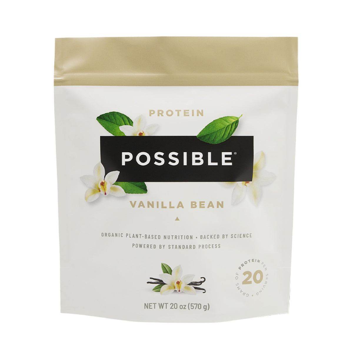 Possible protein powder vanilla bean bag ready for on-the-go use.