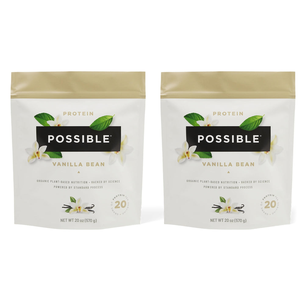 Possible Protein Powder Vanilla Bean tub highlights organic vegan nutrition for daily energy.