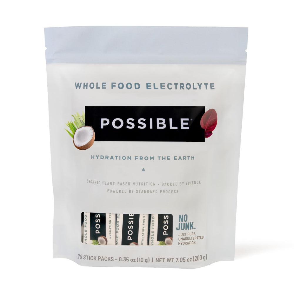 Possible whole food electrolyte powder bottle shown for clean, plant-based hydration during workouts