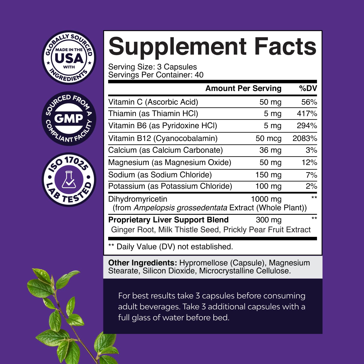 Layout showing post-drinking recovery ingredients