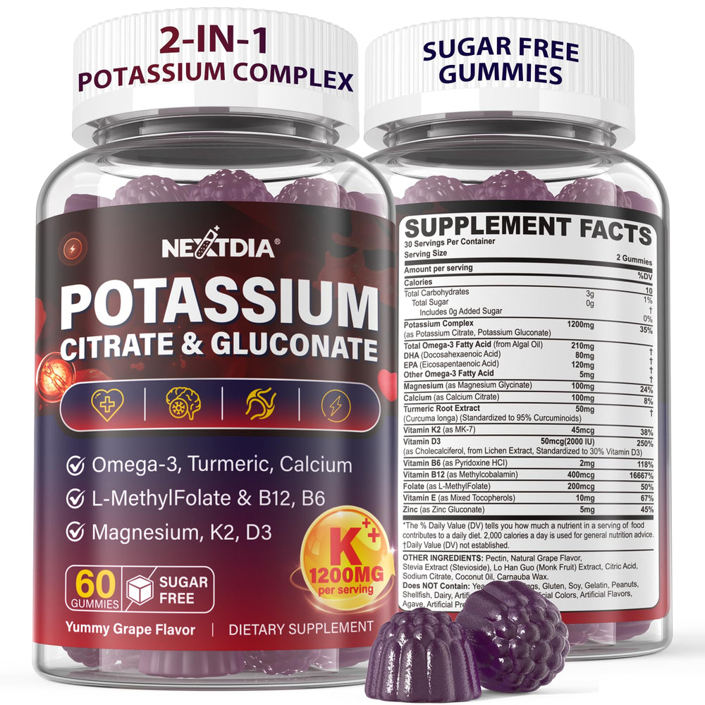 Product label showing potassium citrate and potassium gluconate dual-form gummies 1200mg