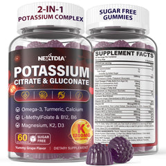 Product label showing potassium citrate and potassium gluconate dual-form gummies 1200mg