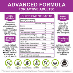 Ingredients including potassium, zinc, vitamin D3 and sea moss