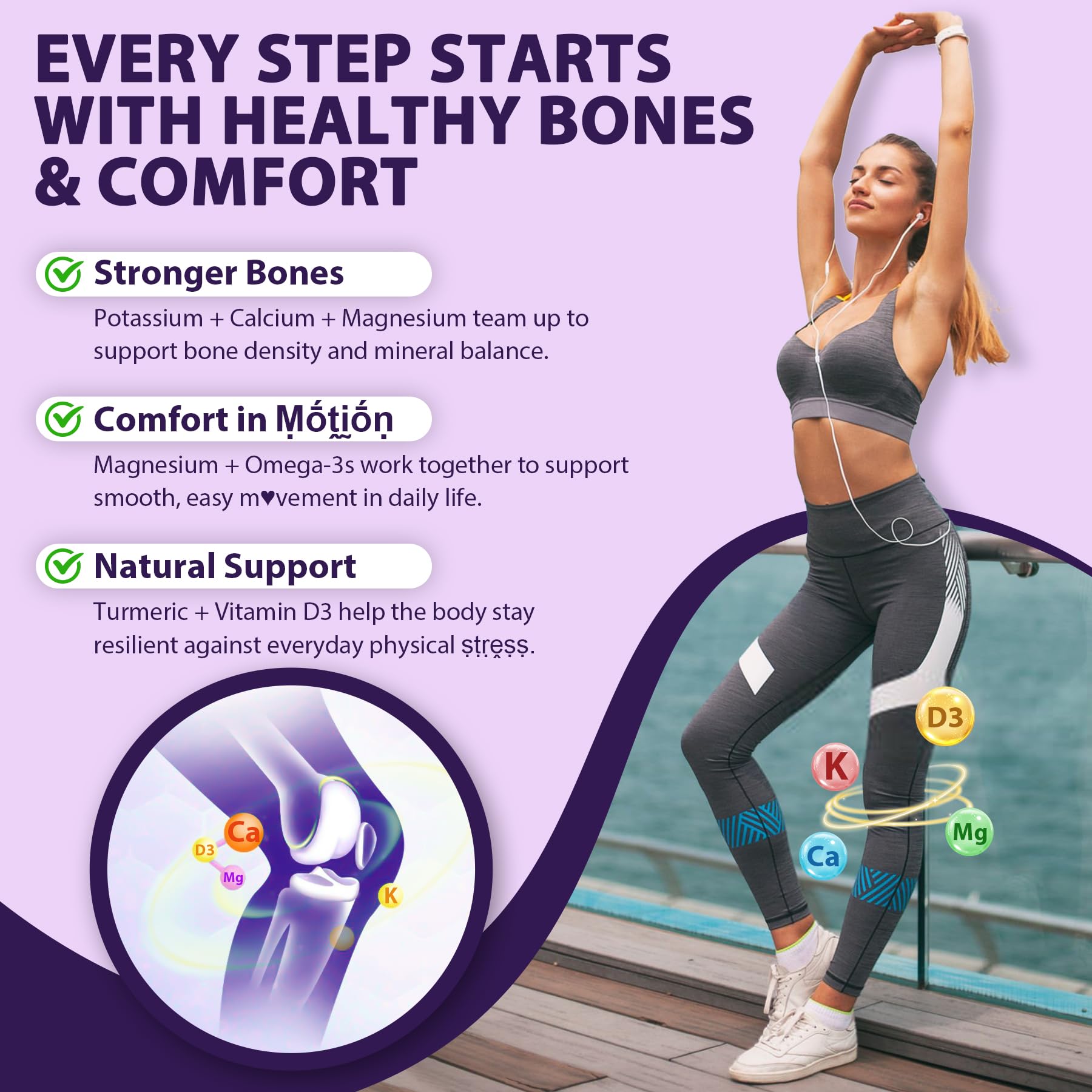 Calcium, Vitamin D3, K2 and B-vitamins imagery with gummies