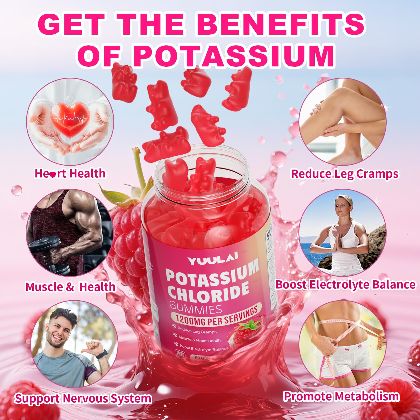 Raspberry Potassium Gummies with bottle and gummies