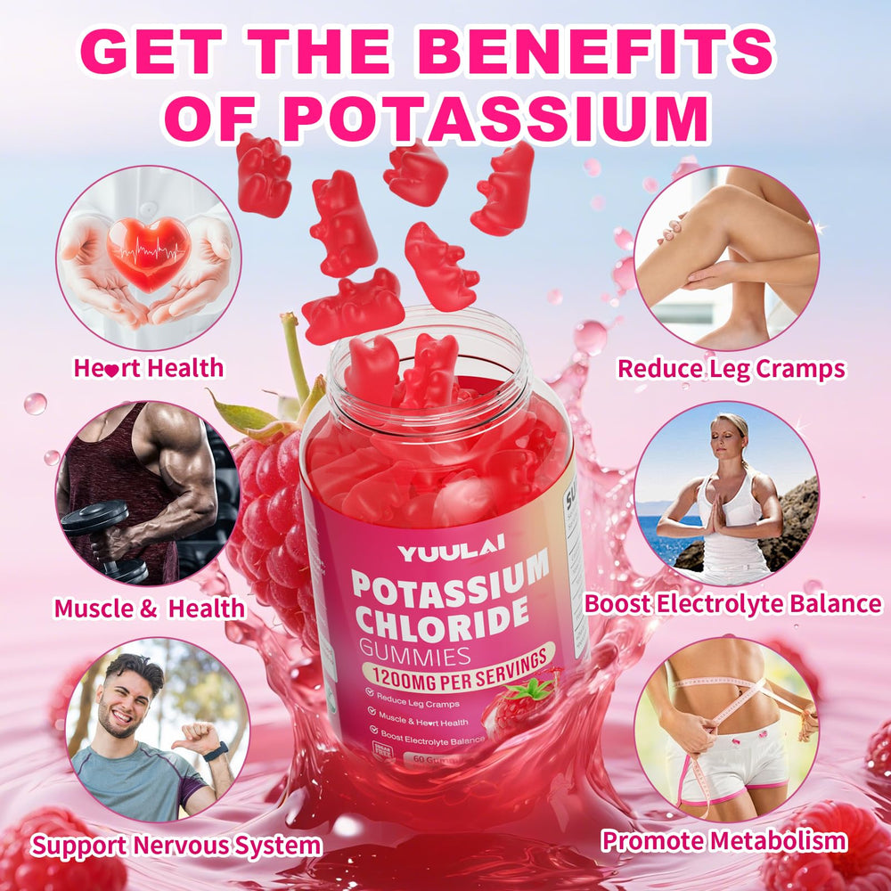 Raspberry Potassium Gummies with bottle and gummies