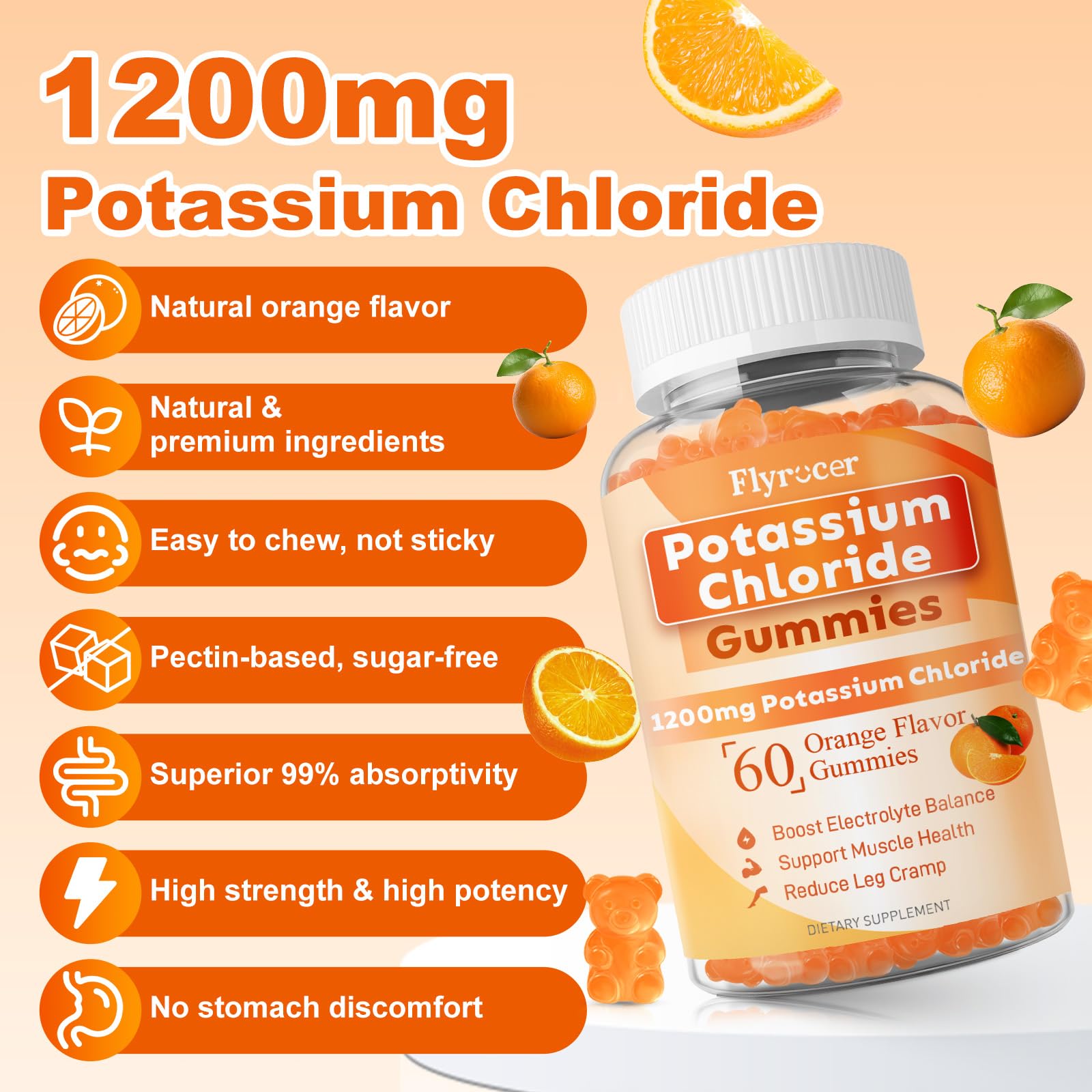 Travel-friendly bottle of orange-flavored potassium gummies