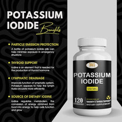 Side view of potassium iodide 130 mg KI tablets bottle