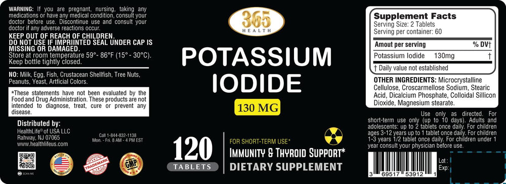 Bottle and box packaging for potassium iodide 130 mg pills