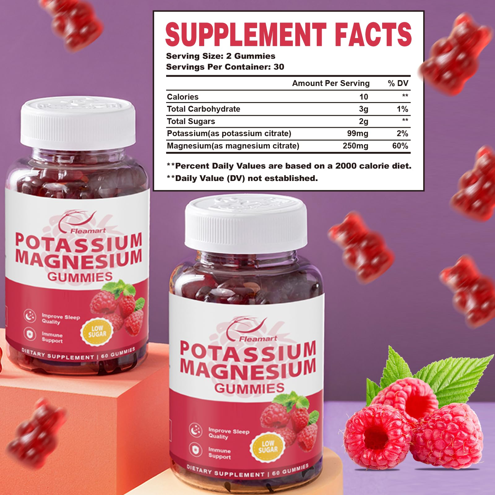 Product imagery of Raspberry Potassium Magnesium Gummies 2-pack
