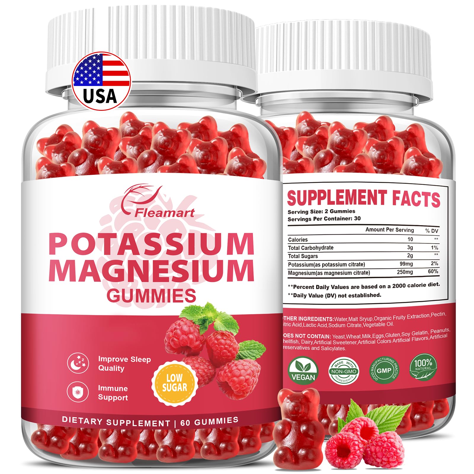 Potassium Magnesium Gummies Raspberry bottle label with 60 gummies (2 pack)
