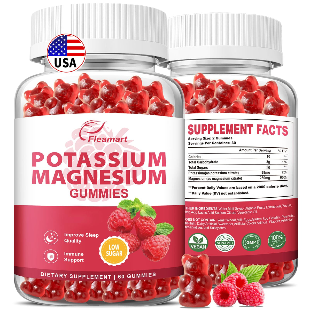 Potassium Magnesium Gummies Raspberry bottle label with 60 gummies (2 pack)