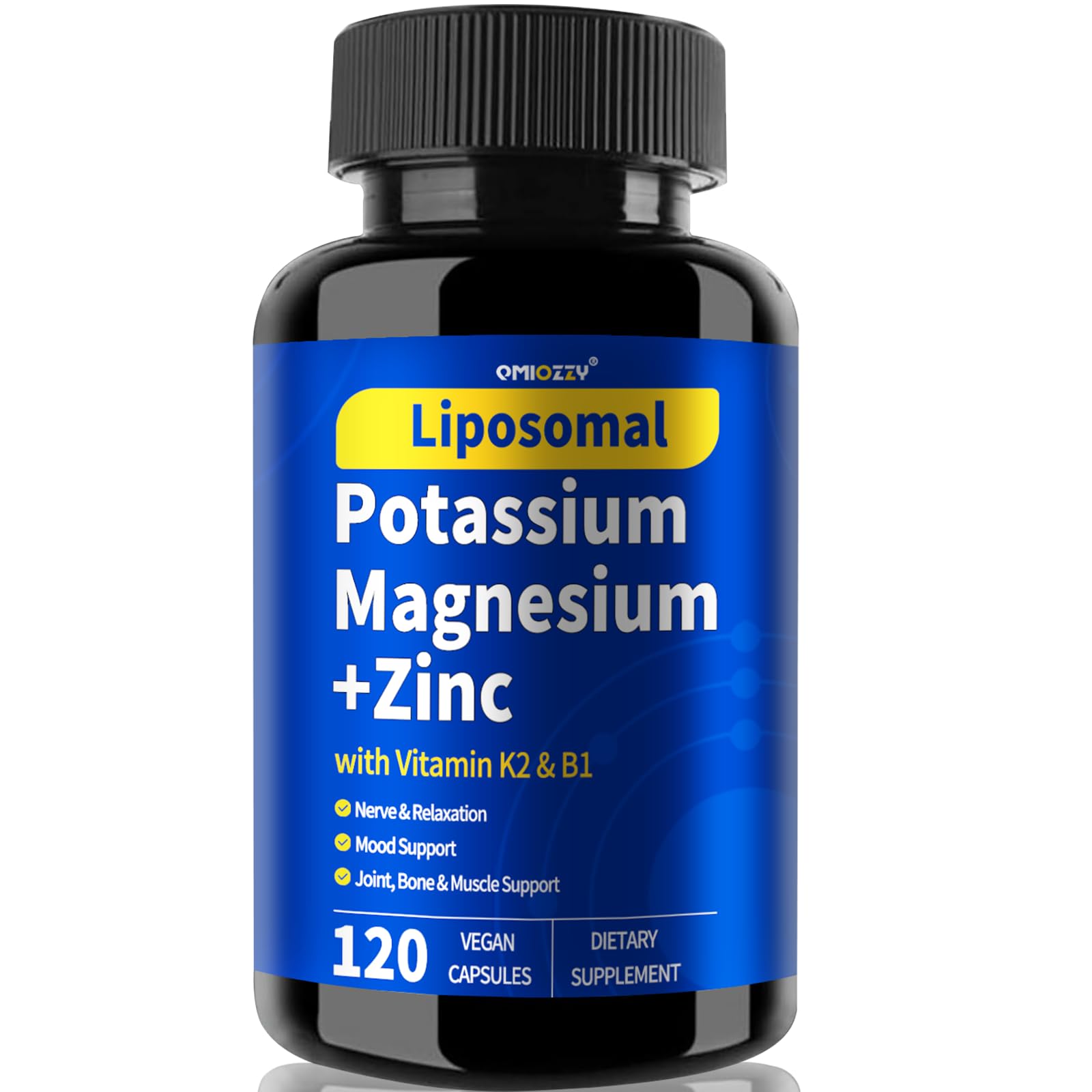 Bottle of Potassium Magnesium Liposomal supplement with 120 vegan capsules