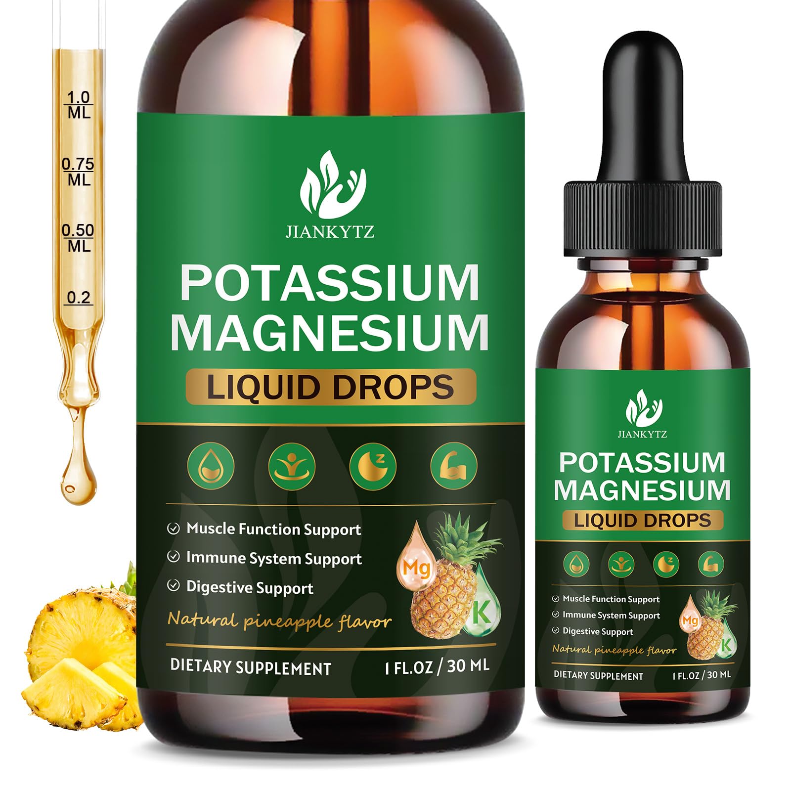 Front view of two-pack potassium magnesium supplement bottle with pineapple flavor