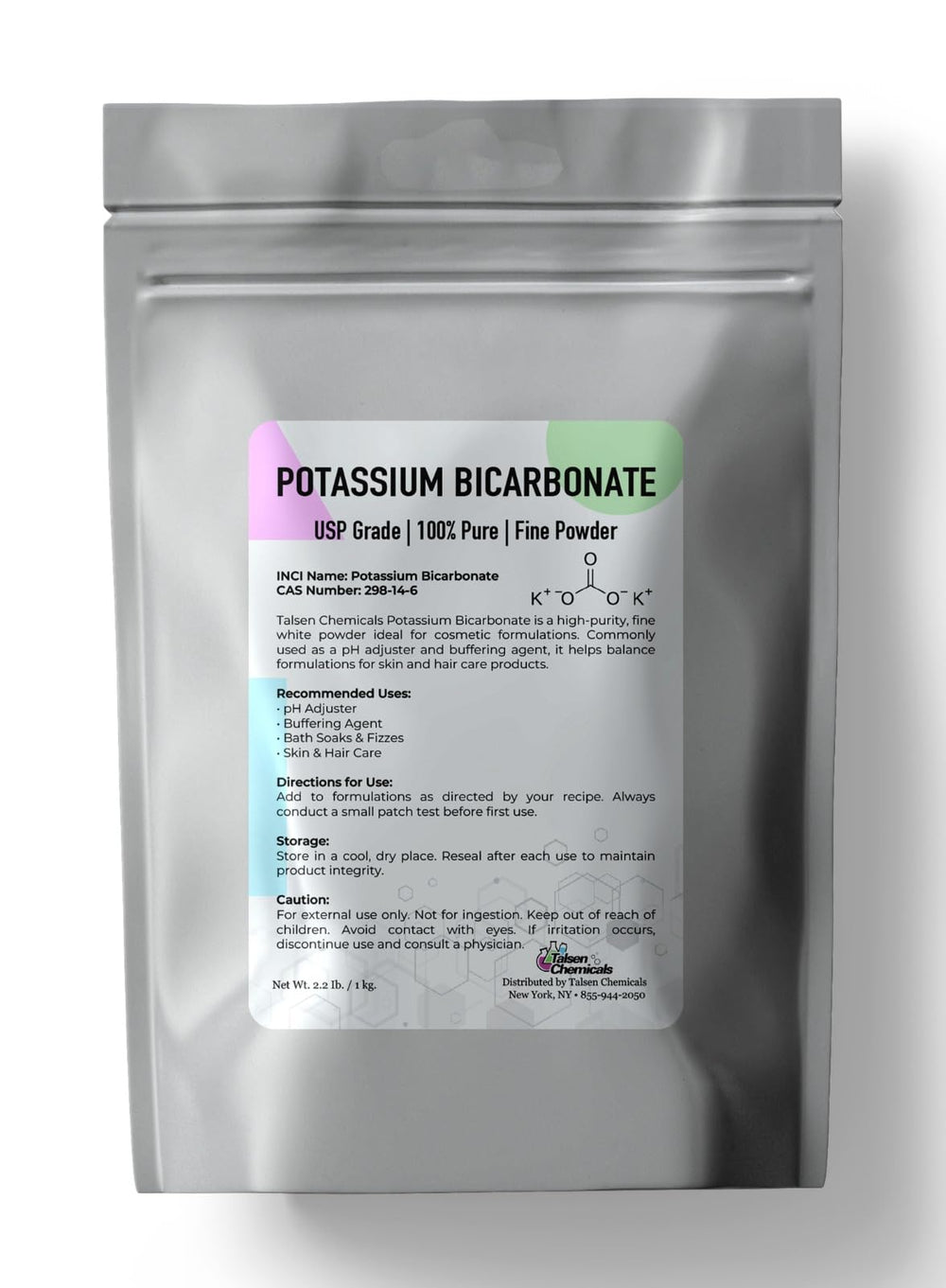 Potassium Bicarbonate Powder 1 kg / 2.2 lb – Food Grade, Sodium-Free Baking Substitute, pH Buffer by Talsen Chemicals