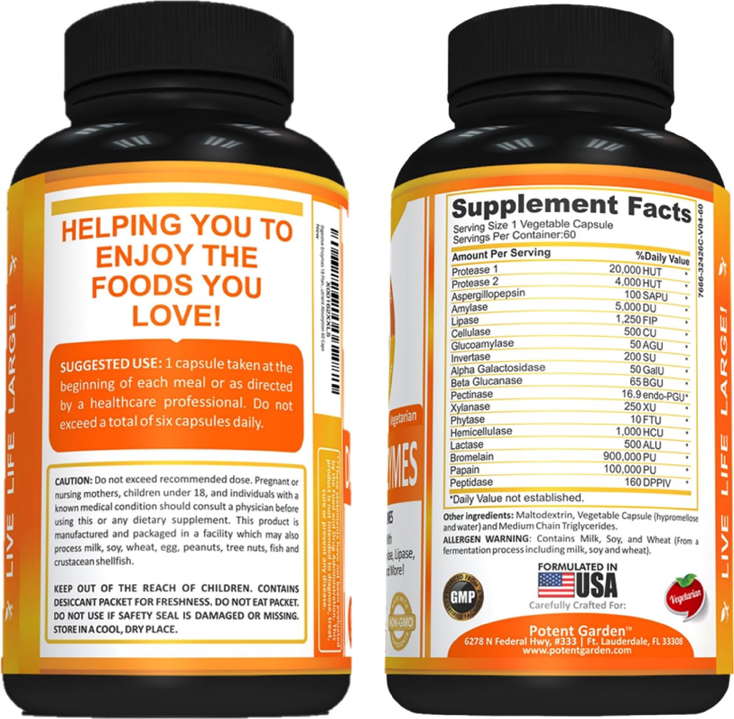Front label of Potent Garden Digestive Enzymes showing 18 enzymes