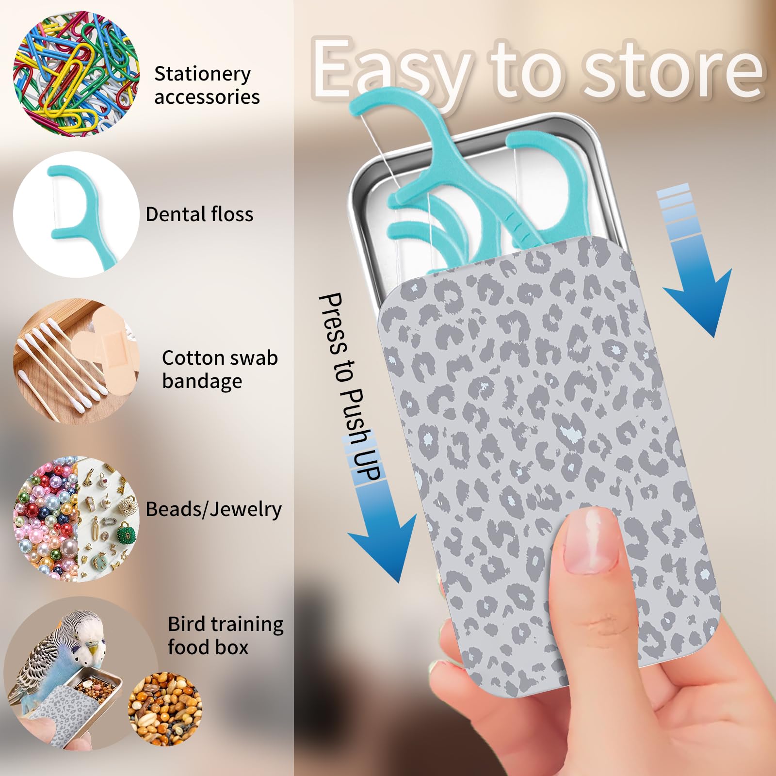 Open view showing the sliding lid and interior space for floss picks