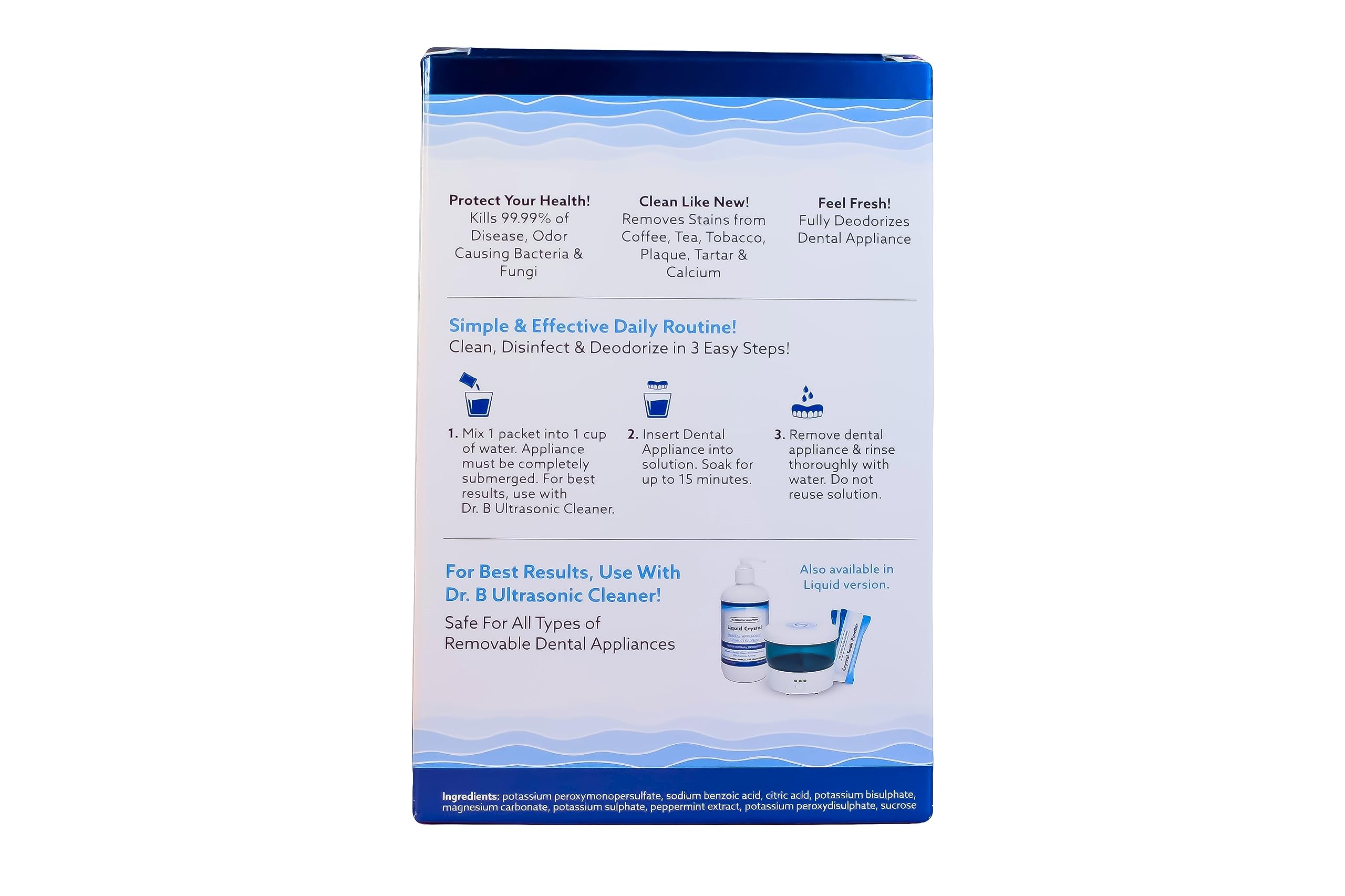 Clean dentures, retainers and aligners with Powder Crystal Soak Cleanser