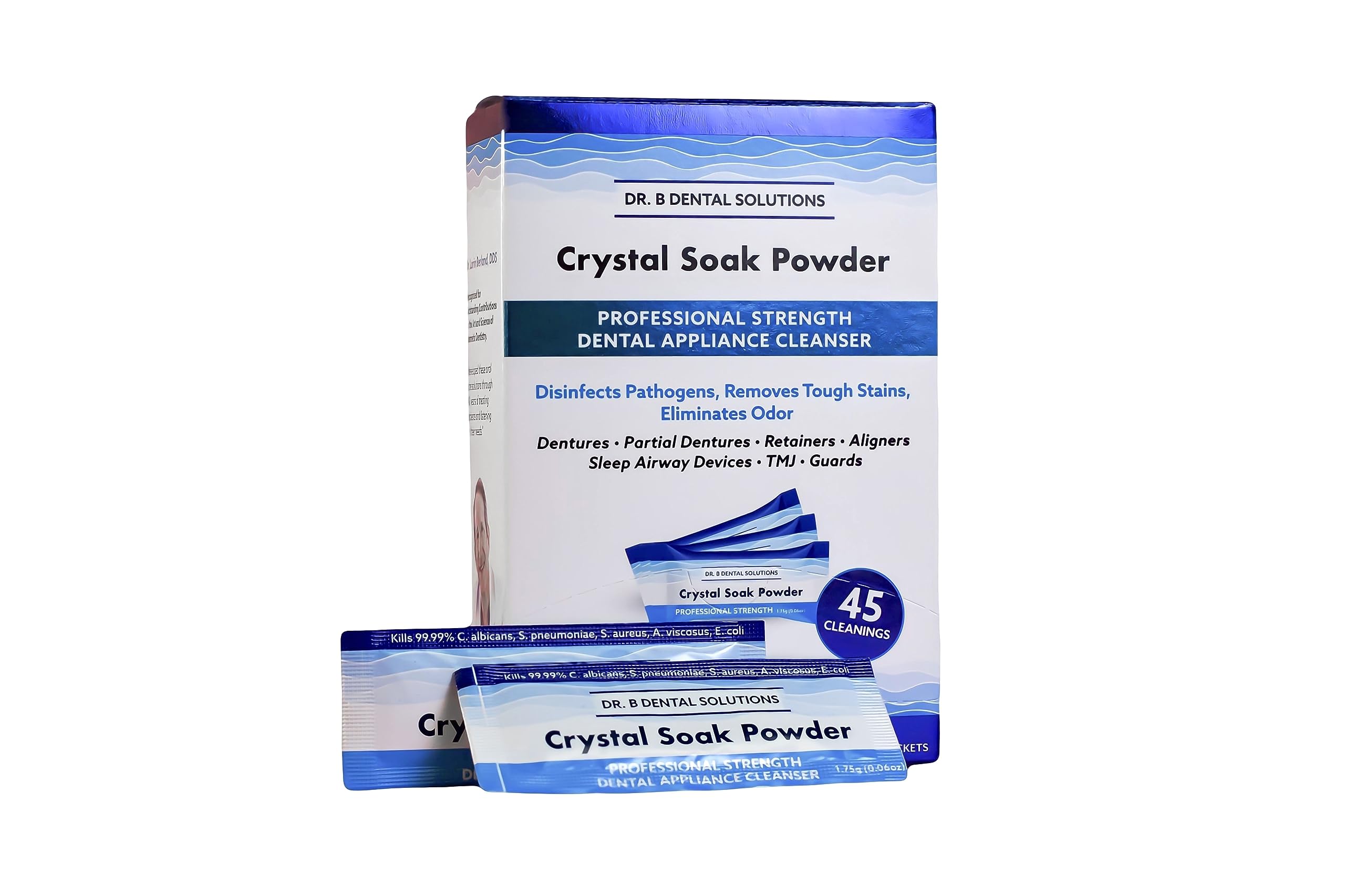 Dispensing packets of Powder Crystal Soak Cleanser for travel