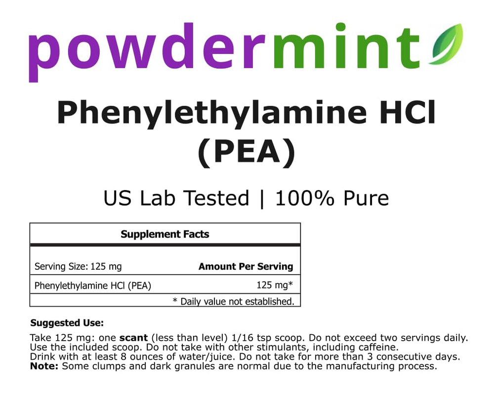 Close-up of powdermint PEA powder label details