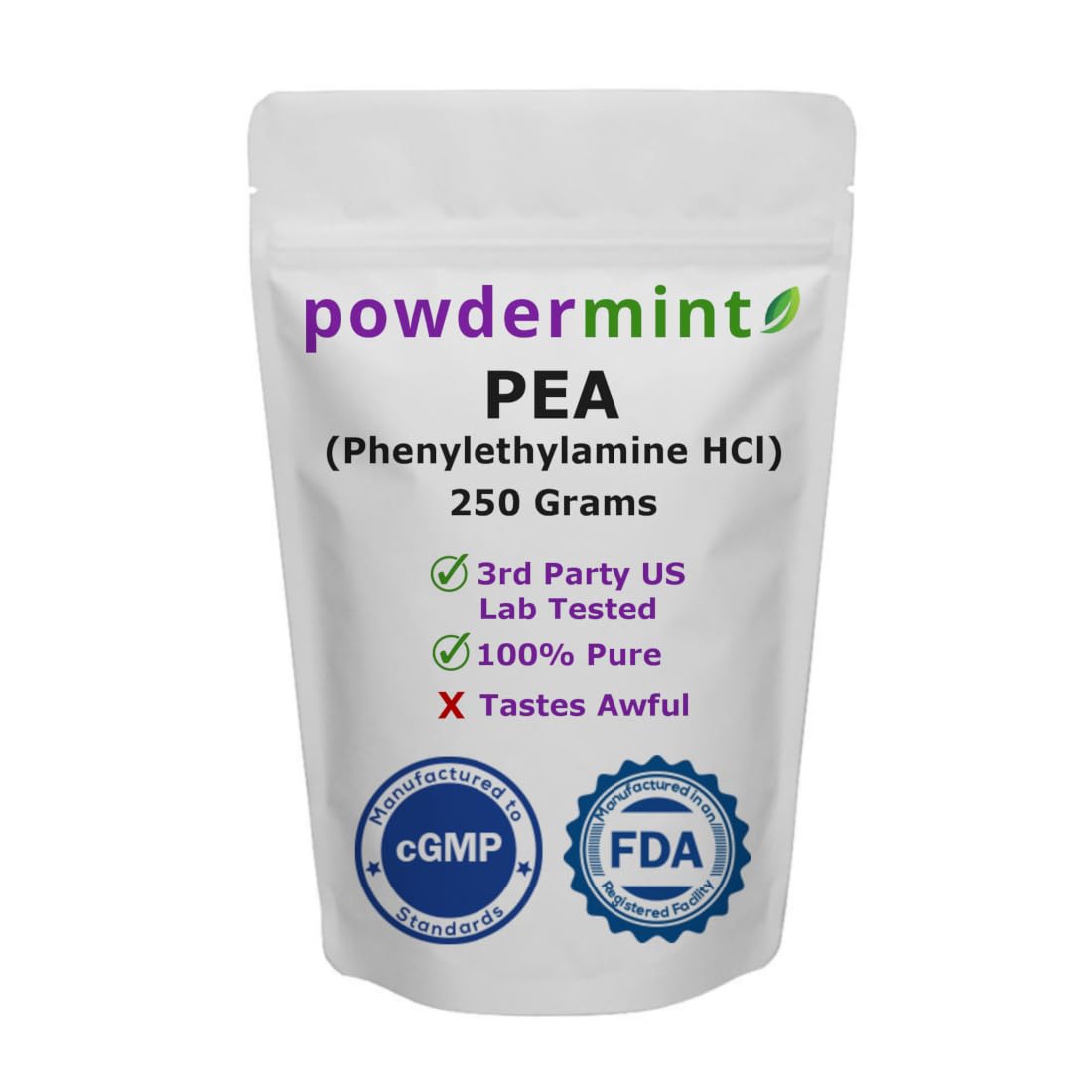 powdermint Phenylethylamine Beta Pea powder packaging designed for easy daily use.