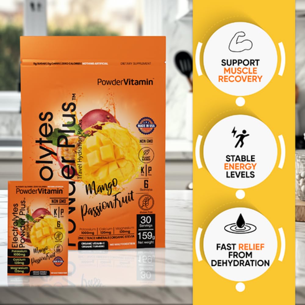 PowderVitamin Electrolytes Keto Mango Passionfruit on kitchen counter for everyday hydration.