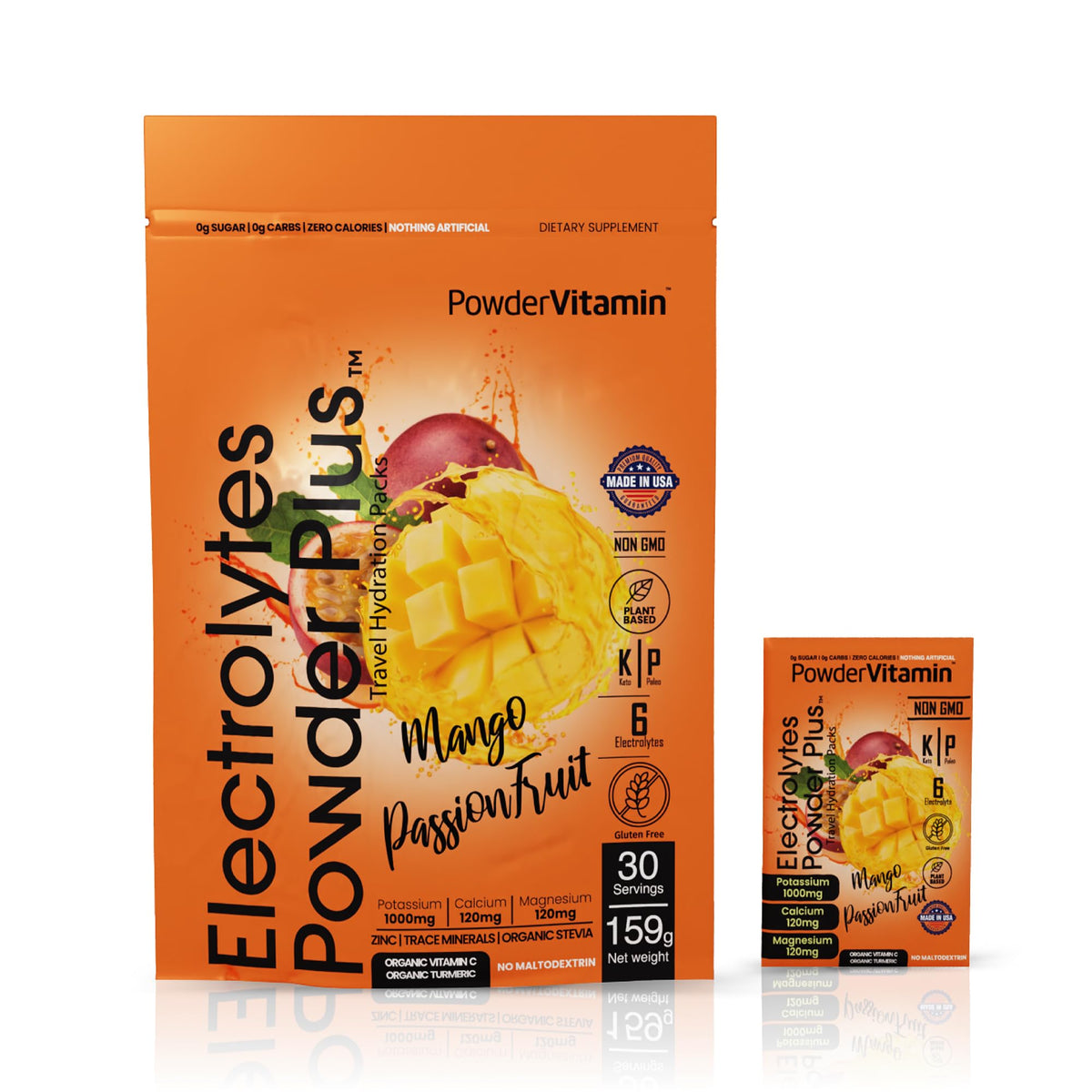 PowderVitamin Electrolytes Keto Mango Passionfruit packet on a stand for on-the-go hydration.