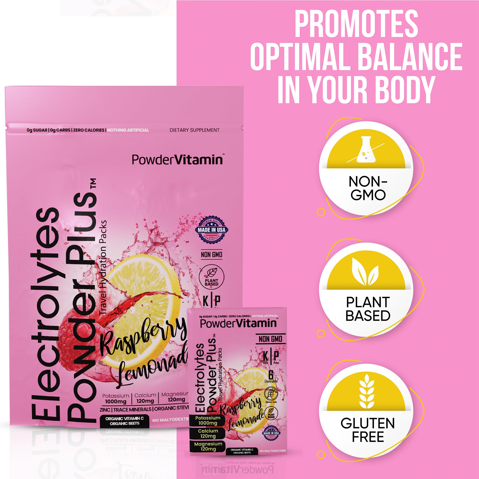 PowderVitamin Electrolytes Plus being stirred into water for refreshing hydration.