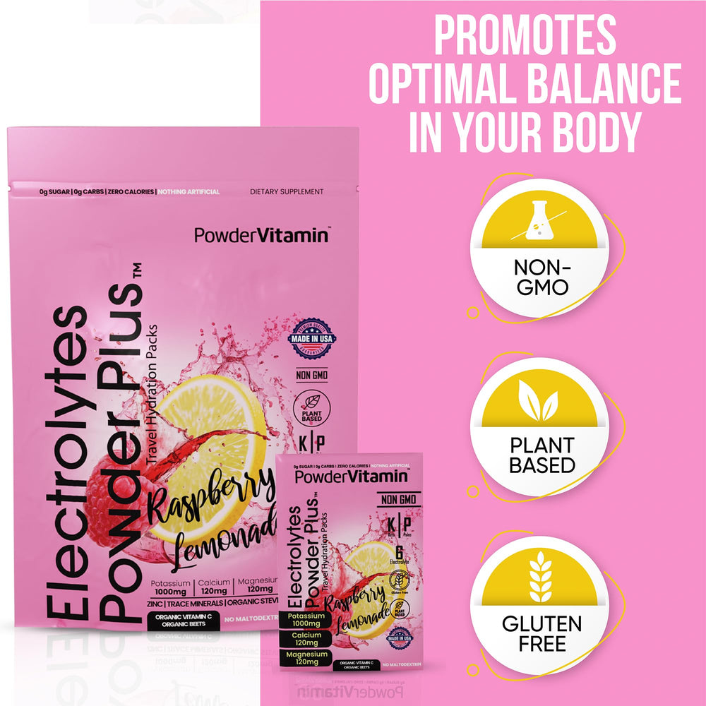 PowderVitamin Electrolytes Plus being stirred into water for refreshing hydration.