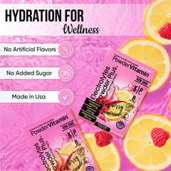 PowderVitamin Electrolytes Plus poured into a glass of raspberry lemonade.