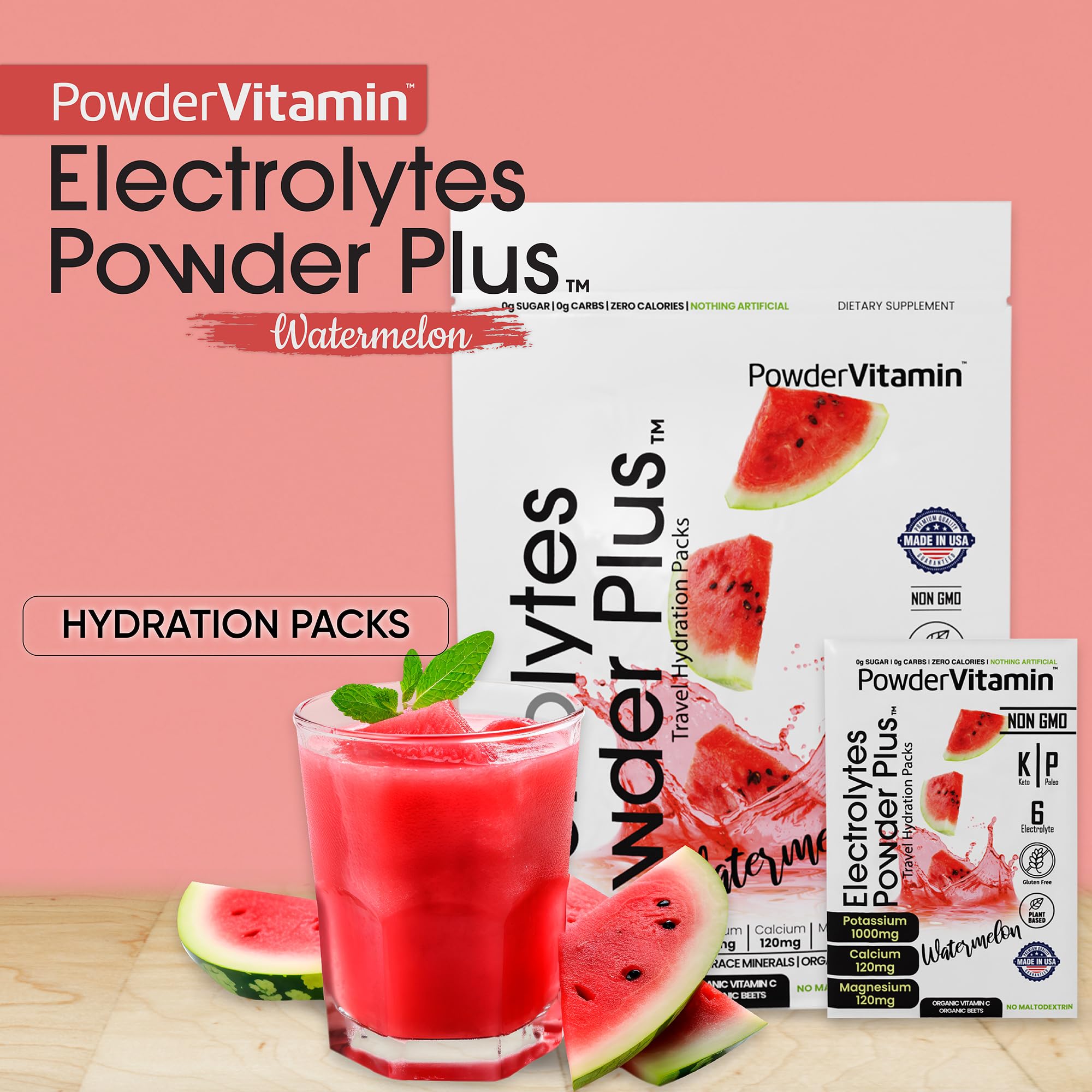 PowderVitamin electrolytes watermelon packet dissolving into water for a sugar-free boost.