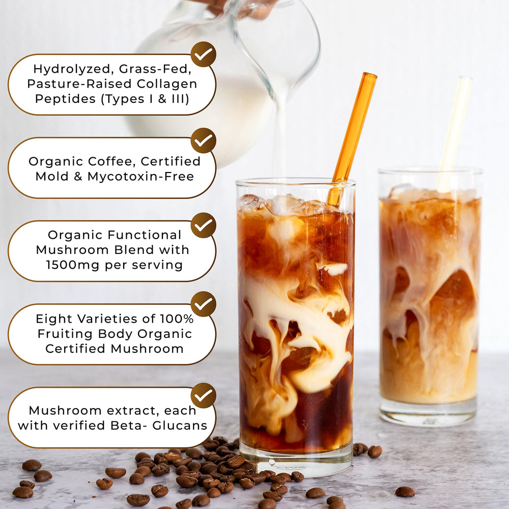 Grass-Fed collagen supplement bottle beside coffee