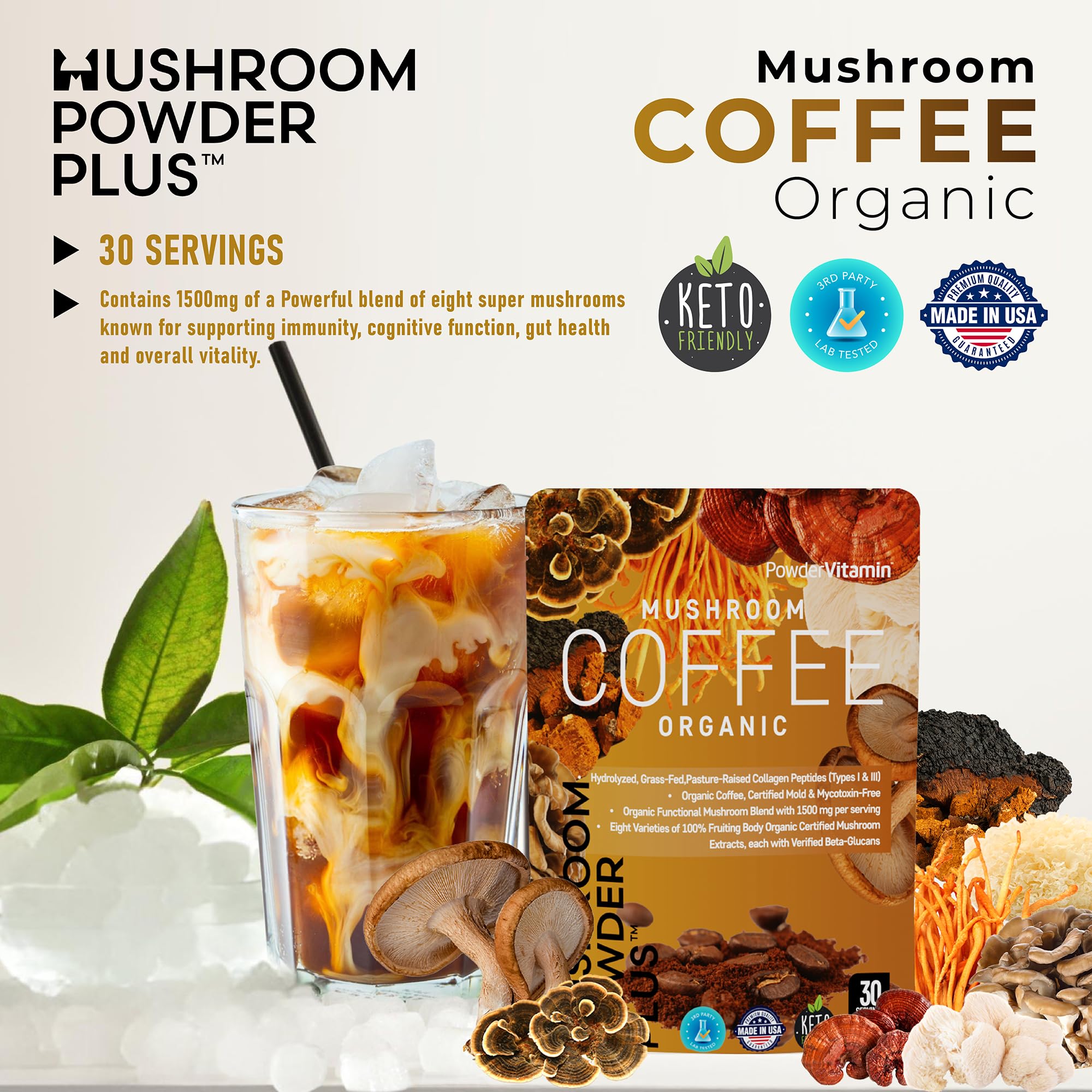 Low-acid, low-caffeine mushroom coffee blend label