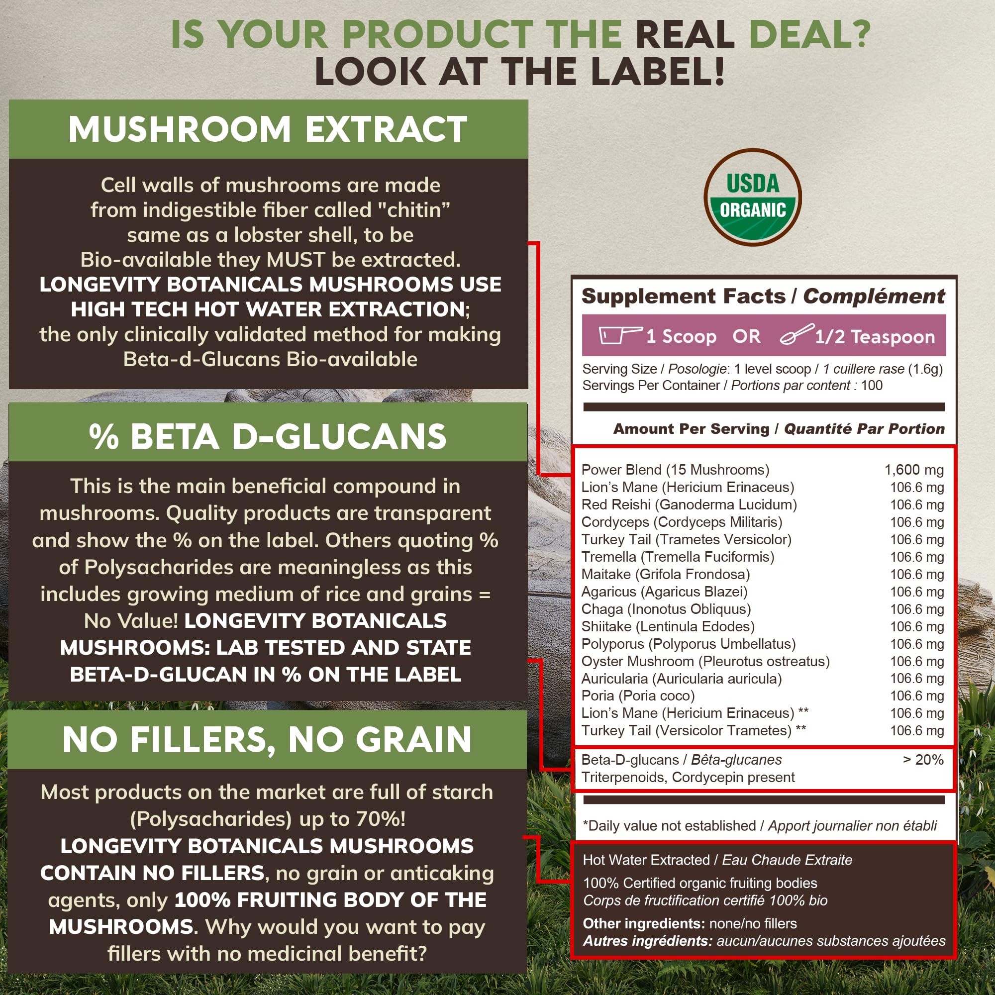 Serving size graphic showing 60 servings and ~16,000 mg per serving