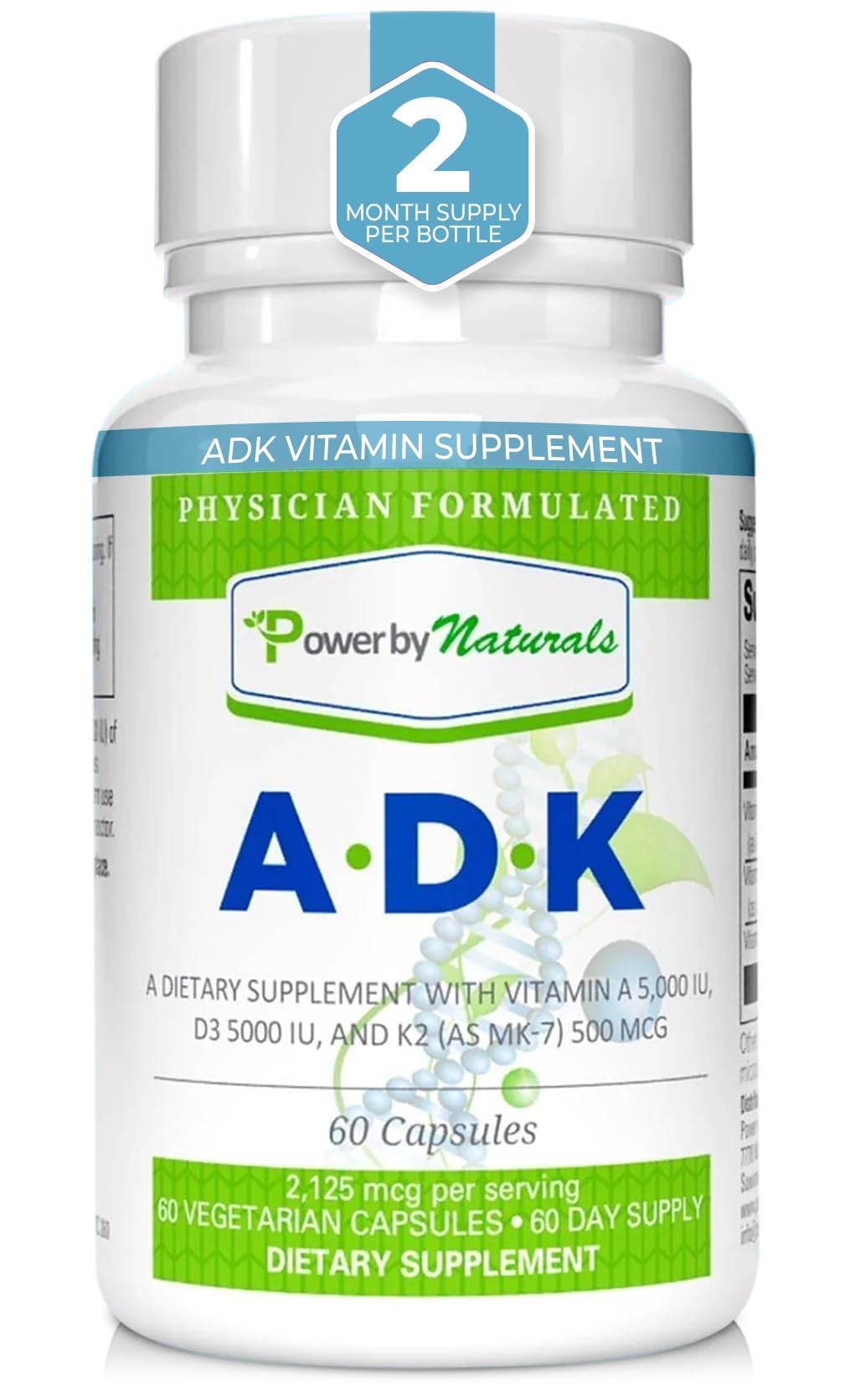 Power By Naturals ADK vitamin supplement bottle with 60 capsules.