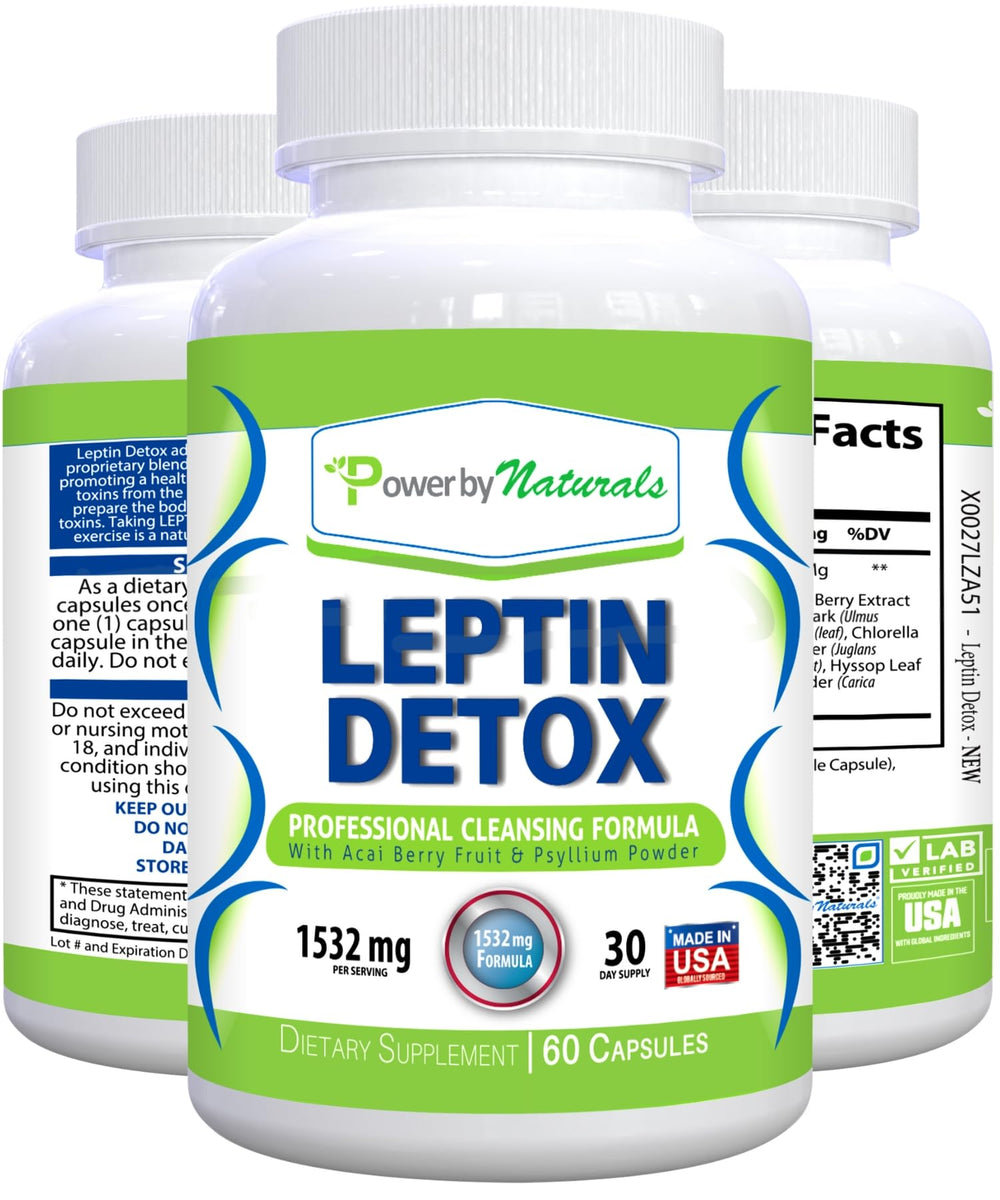 Power By Naturals Leptin Detox bottle front shows USA-made gut cleanse.