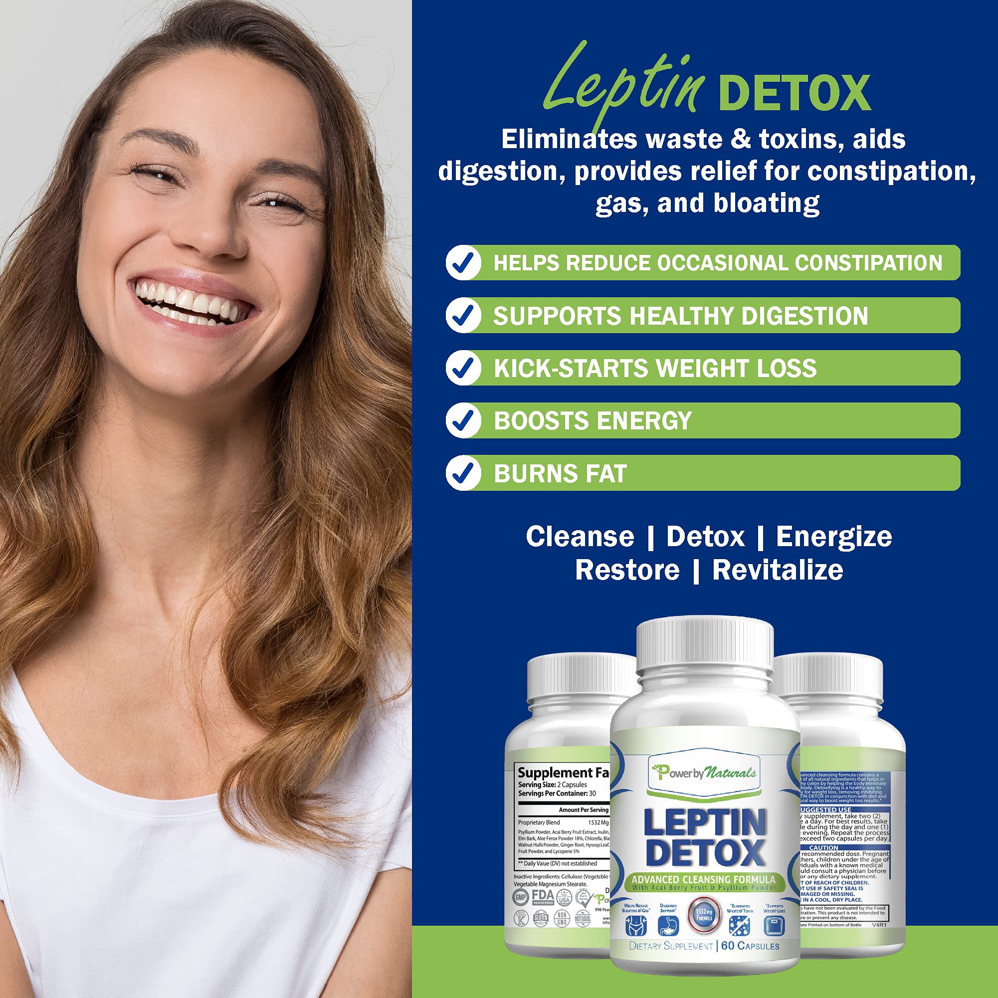 Power By Naturals Leptin Detox capsules 60-count for daily routines.