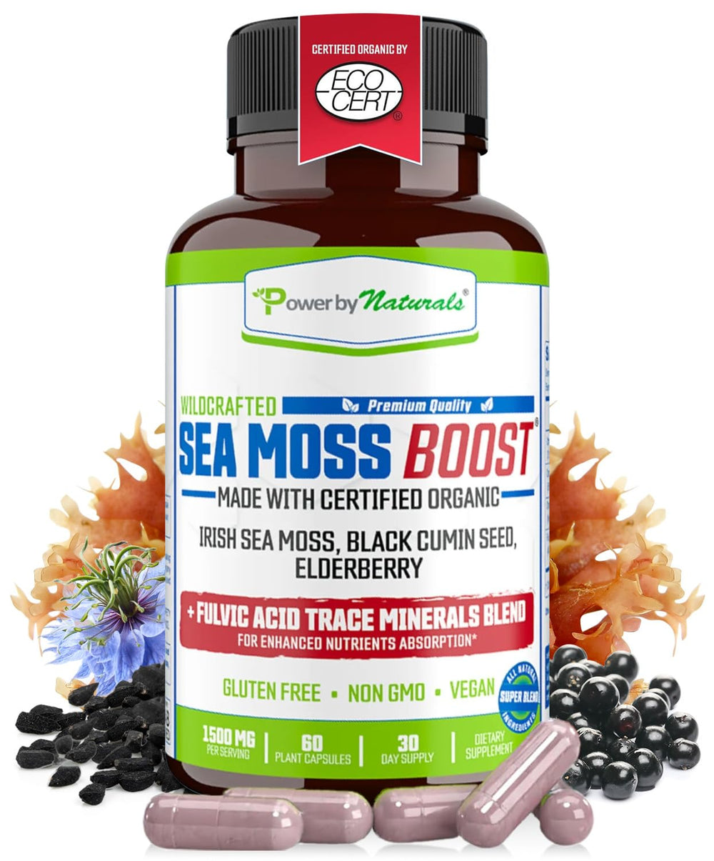 Power By Naturals Sea Moss Boost bottle and packaging