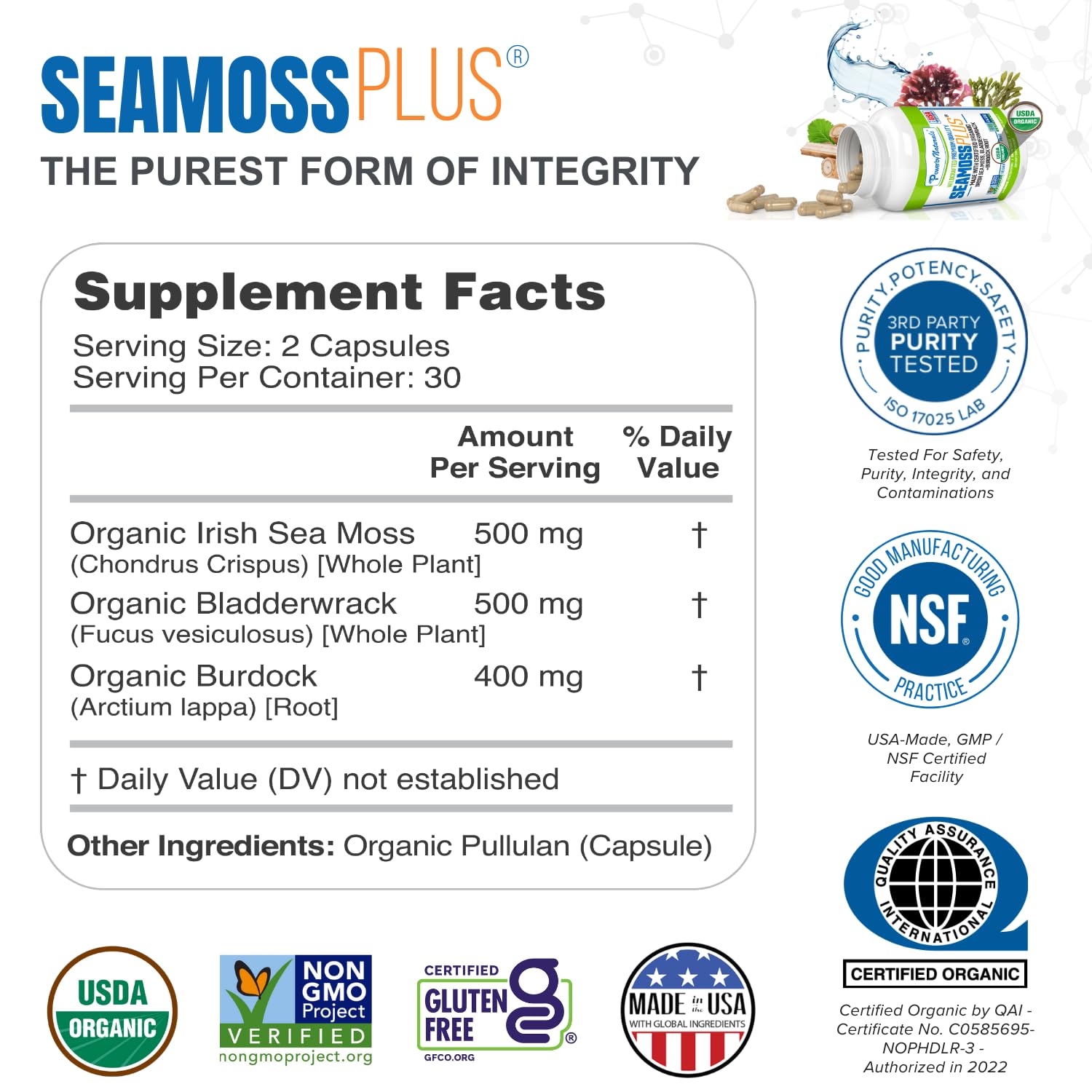 Sea Moss Plus ingredients: Irish sea moss, bladderwrack, burdock root