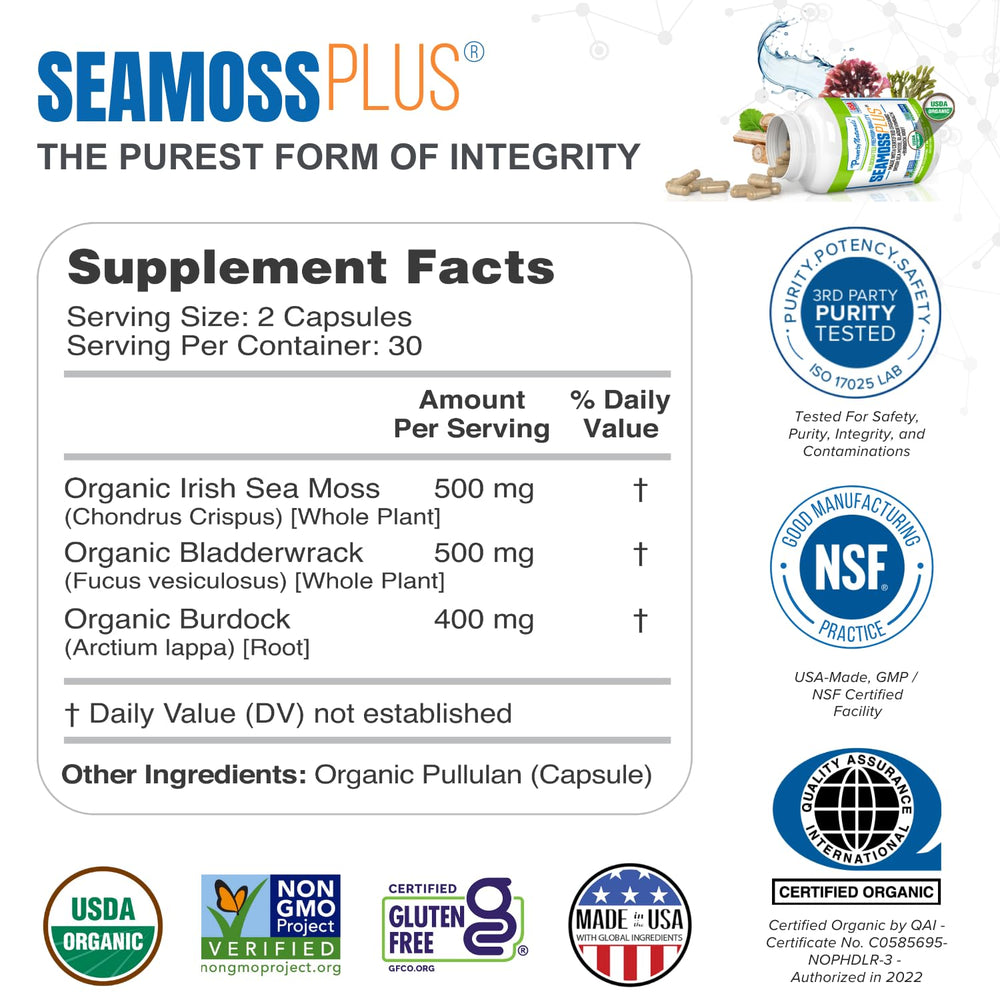 Sea Moss Plus ingredients: Irish sea moss, bladderwrack, burdock root