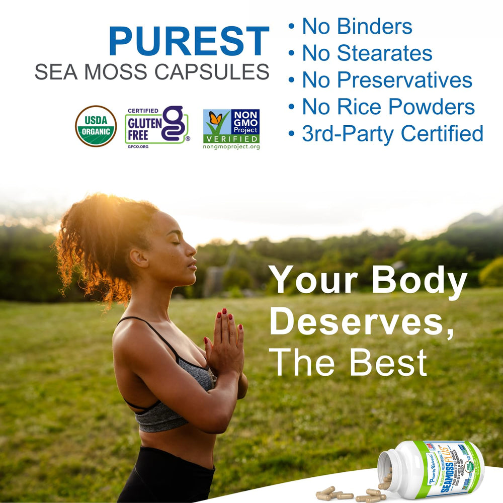 Active ingredients: 500mg Irish sea moss, 500mg bladderwrack, 400mg burdock root per capsule