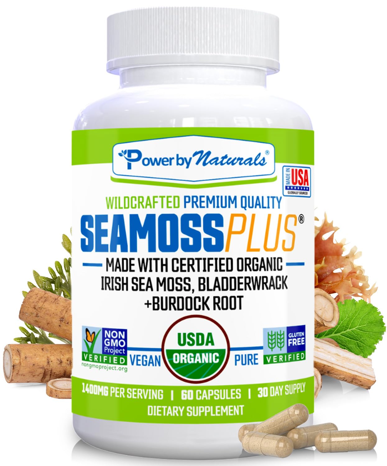 Power By Naturals SeaMoss Plus front label on bottle