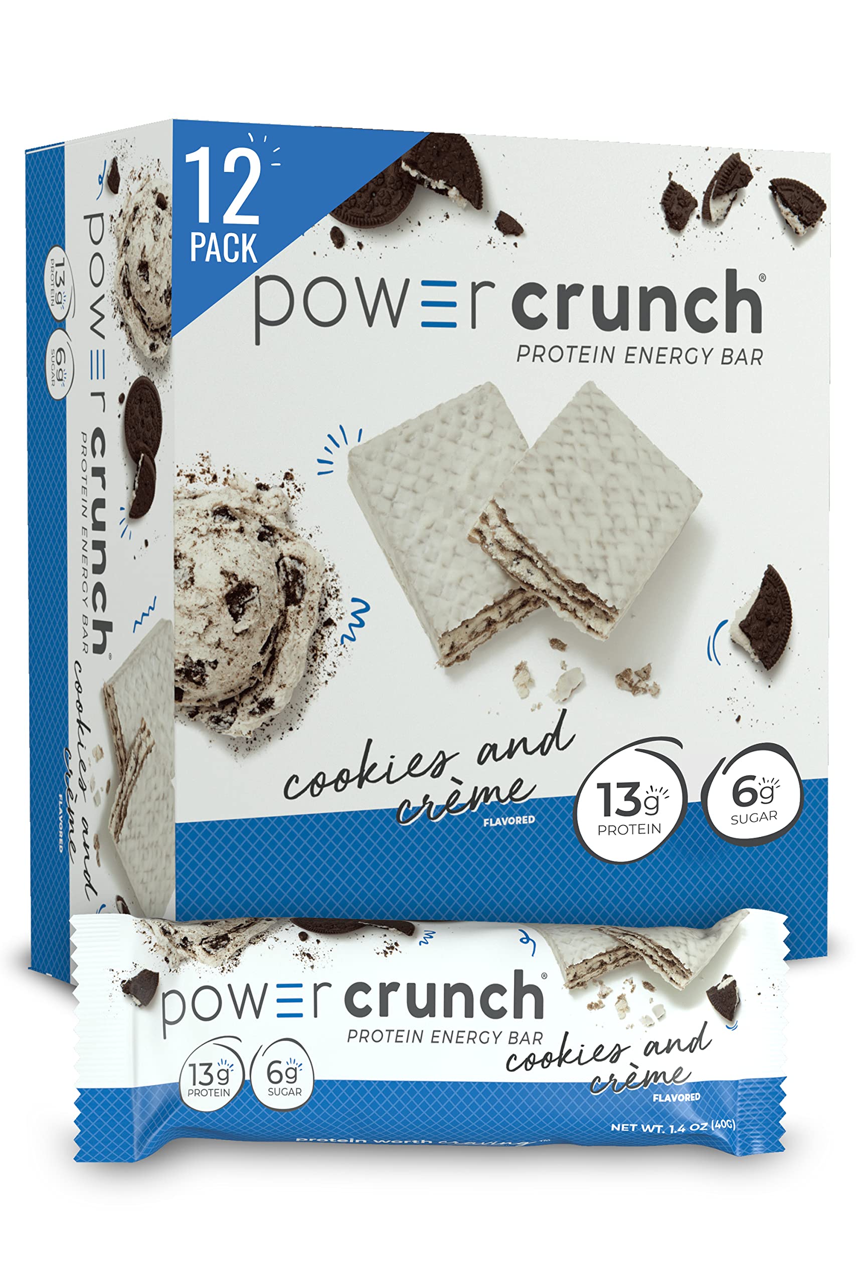 Power Crunch Cookies & Cream protein bar (1.4 oz) — on-the-go snack with easy-to-digest protein.