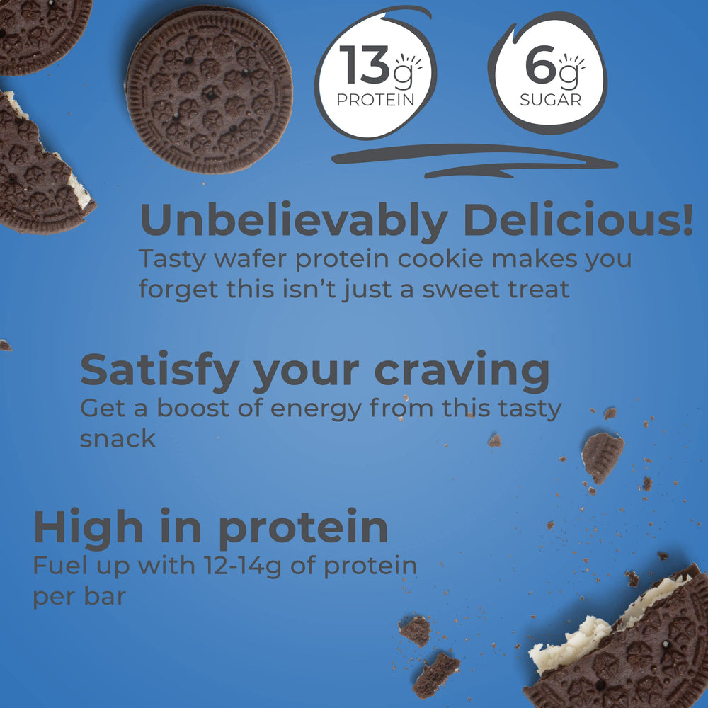 Power Crunch Cookies & Cream bar packaging — convenient high-protein snack for homes or travel.