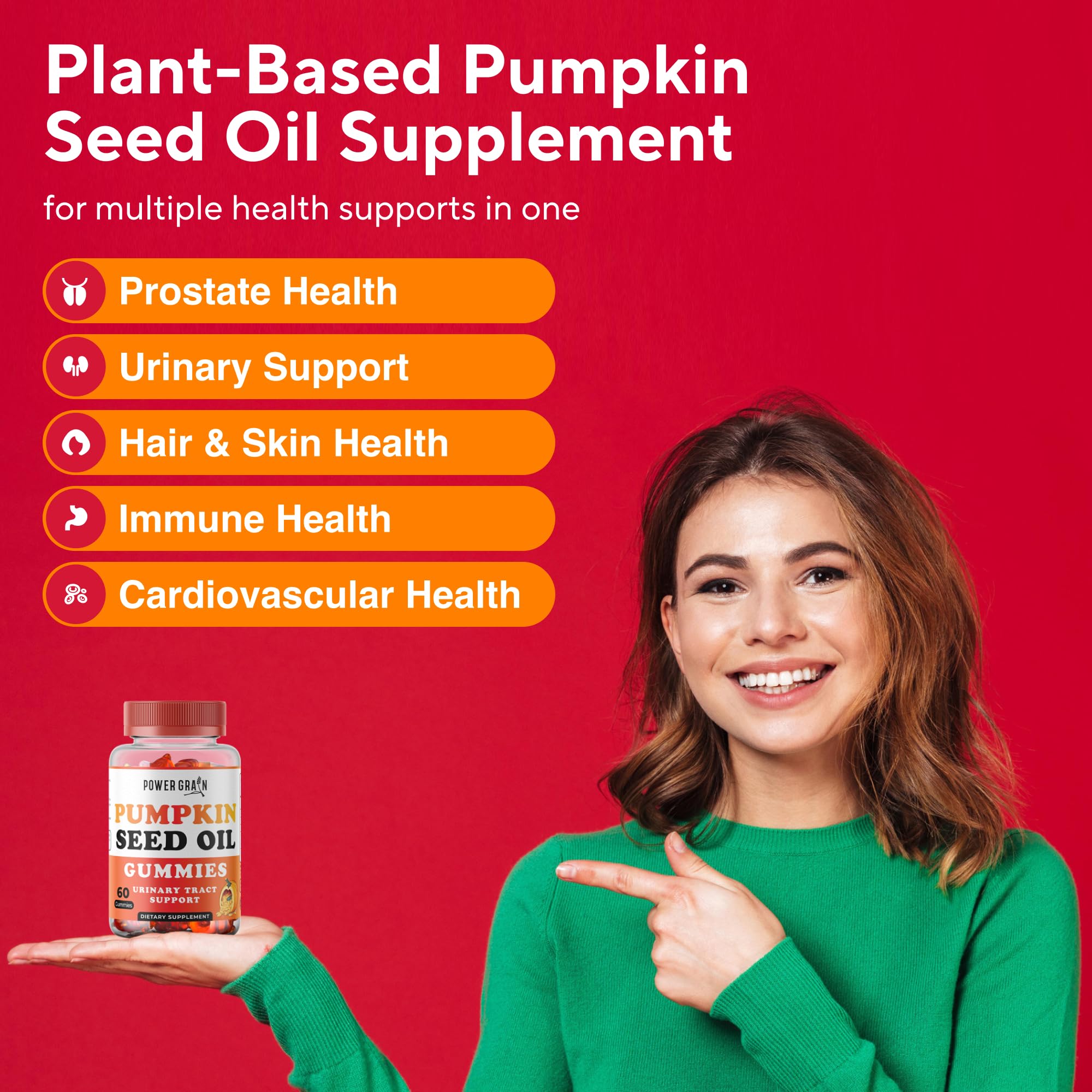 Front view of Power Grain Sugar-Free Pumpkin Seed Oil Gummies bottle