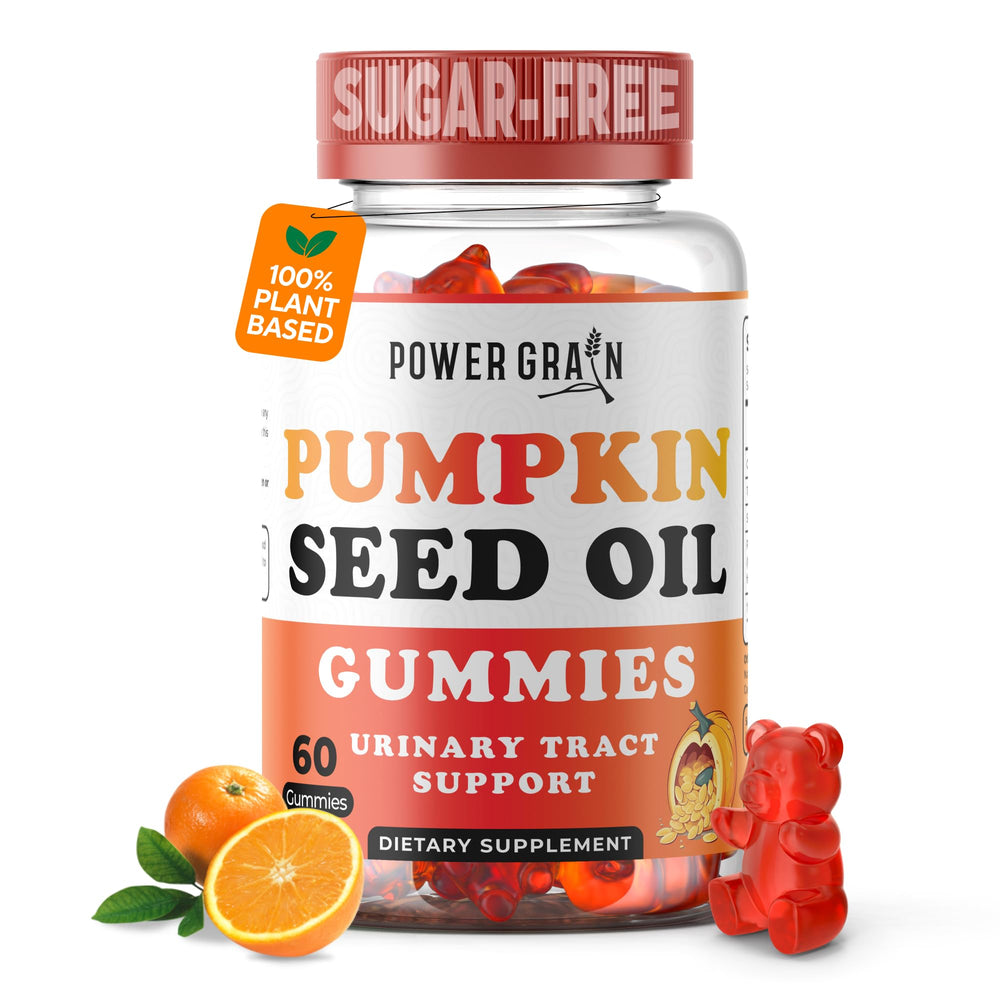 Bottle of Power Grain Sugar-Free Pumpkin Seed Oil Gummies with orange flavor