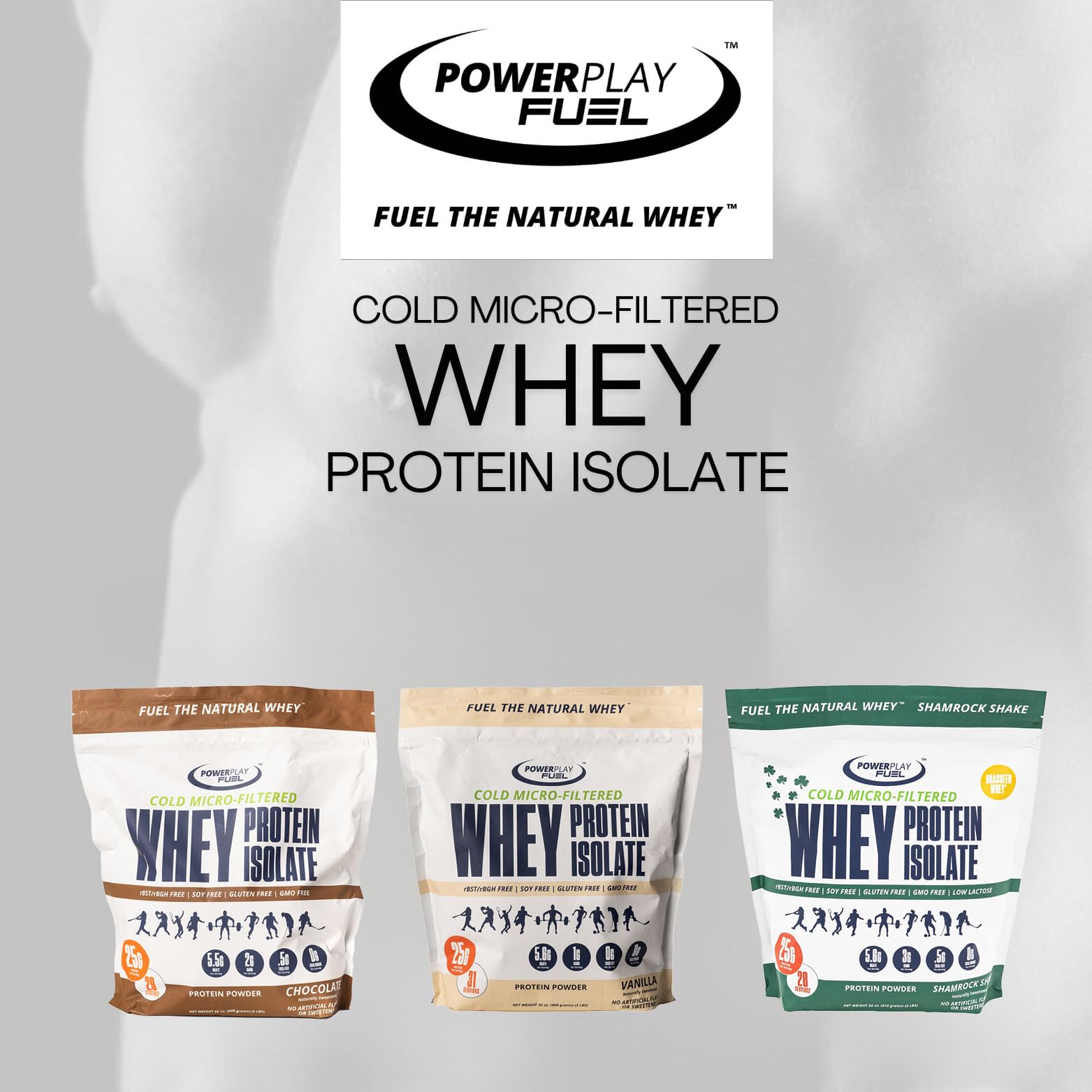 POWER PLAY FUEL Grass-fed whey protein photo emphasizes natural, grass-derived source with clean macros.