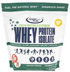 POWER PLAY FUEL Shamrock Shake tub front highlights high-protein, low-sugar nutrition for workouts.