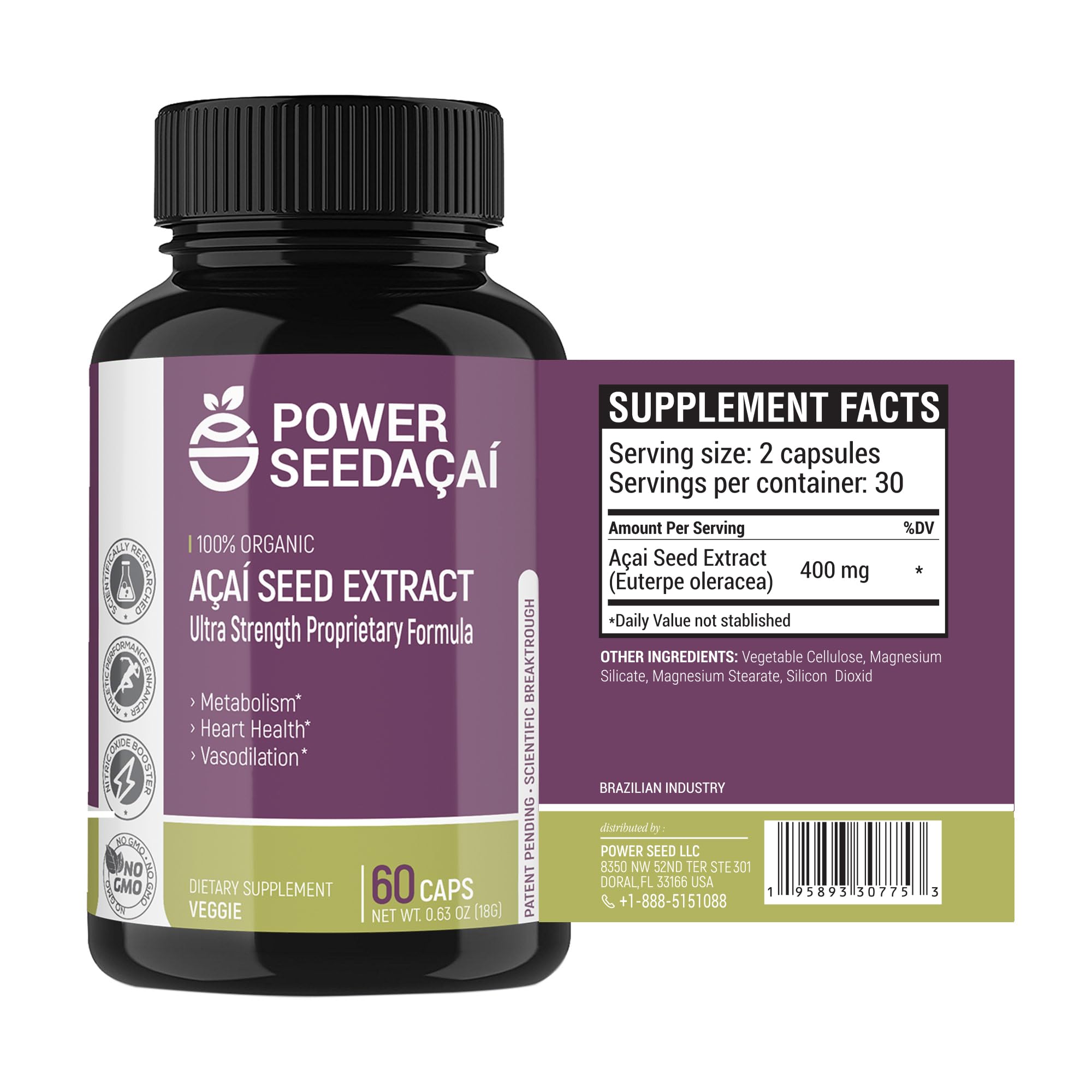 Power Seed Acai bottle front view highlighting nitric oxide support for endurance.